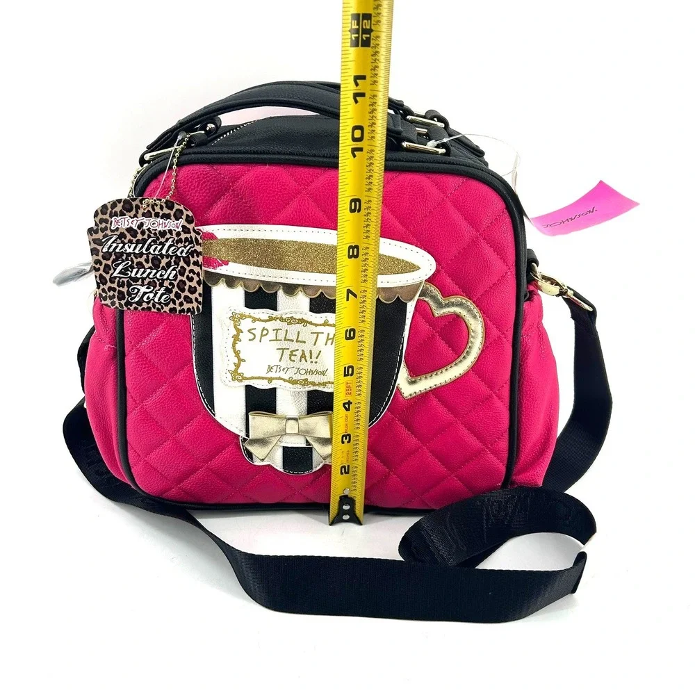 Betsey Johnson Spill The Tea Insulated Lunch Tote Fuchsia Black Large Strap NWT